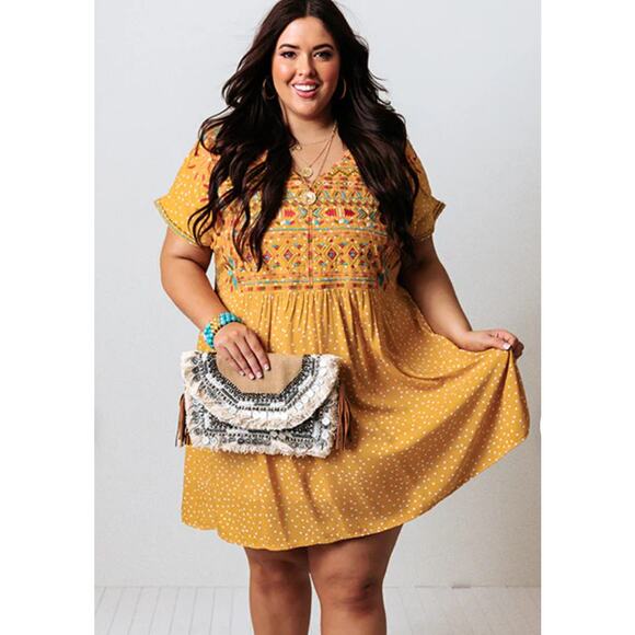 Savanna Jane Embroidered Dress Womens Size 2X Mustard Polka Dot Boho Tribal - Picture 1 of 11